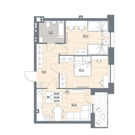 Вариант №11437, 3-комнатная квартира в жилом комплексе 