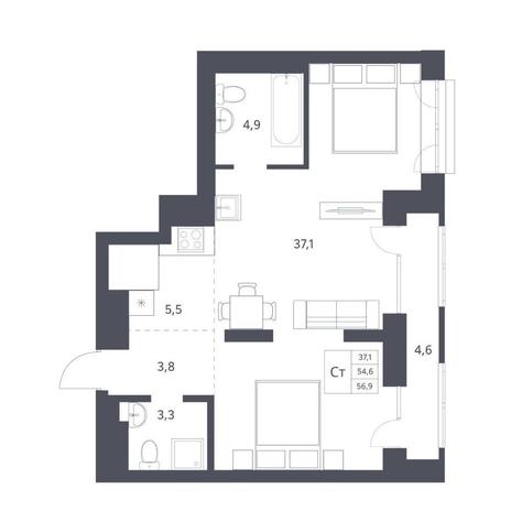 Вариант №11291, 1-комнатная квартира в жилом комплексе Новаторы