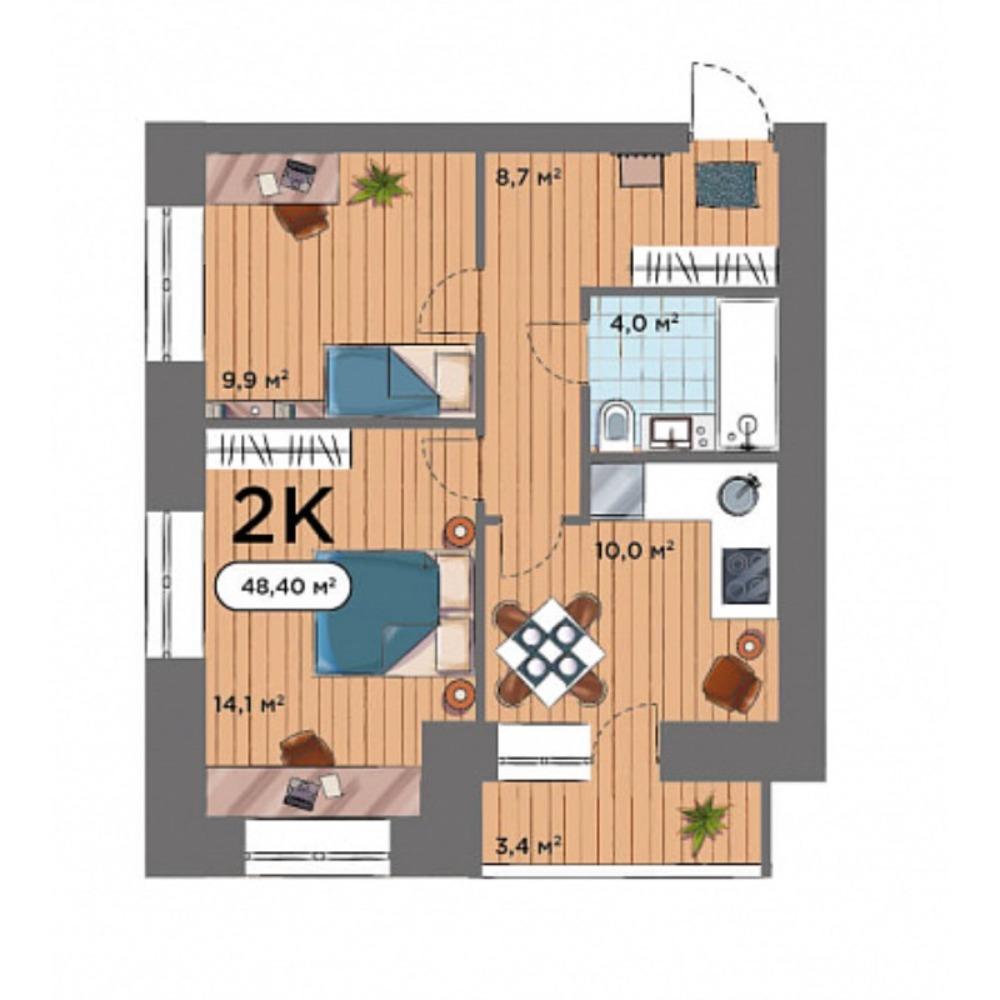 Планировка 2-комнатная площадью 48.4 м<sup>2</sup> в ЖК Smart Park
