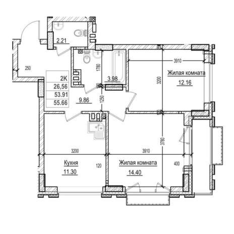 Вариант №14588, 2-комнатная квартира в жилом комплексе 19|56 Кварталы Телецентра