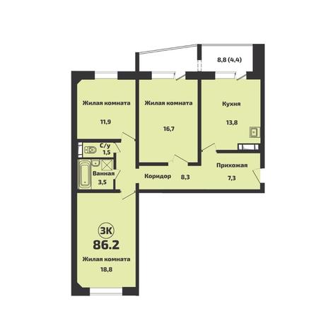 Вариант №13100, 3-комнатная квартира в жилом комплексе 