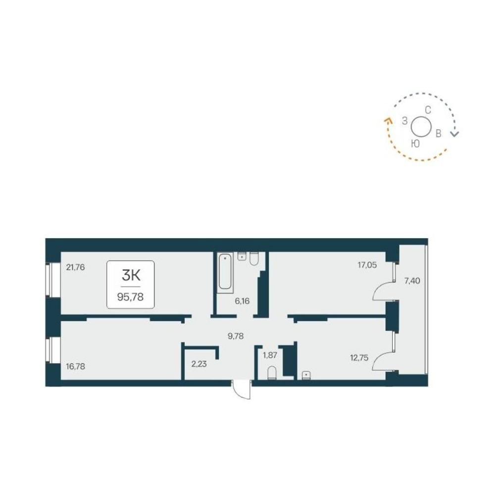 Планировка 3-комнатная площадью 95.78 м<sup>2</sup> в ЖК Сакура парк