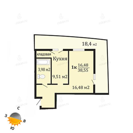 Вариант №1068, 1-комнатная квартира в жилом комплексе Грани