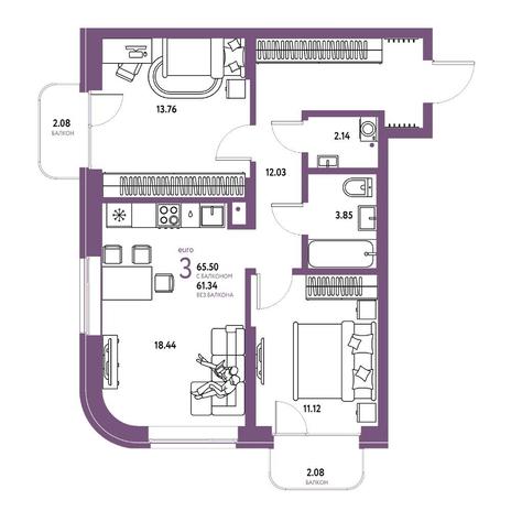 Вариант №15735, 3-комнатная квартира в жилом комплексе Tesla Park