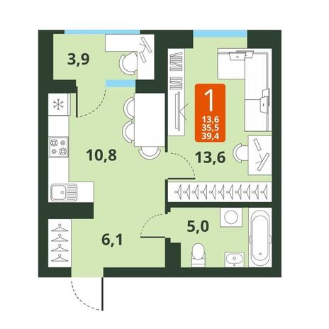Вариант №13809, 1-комнатная квартира в жилом комплексе 