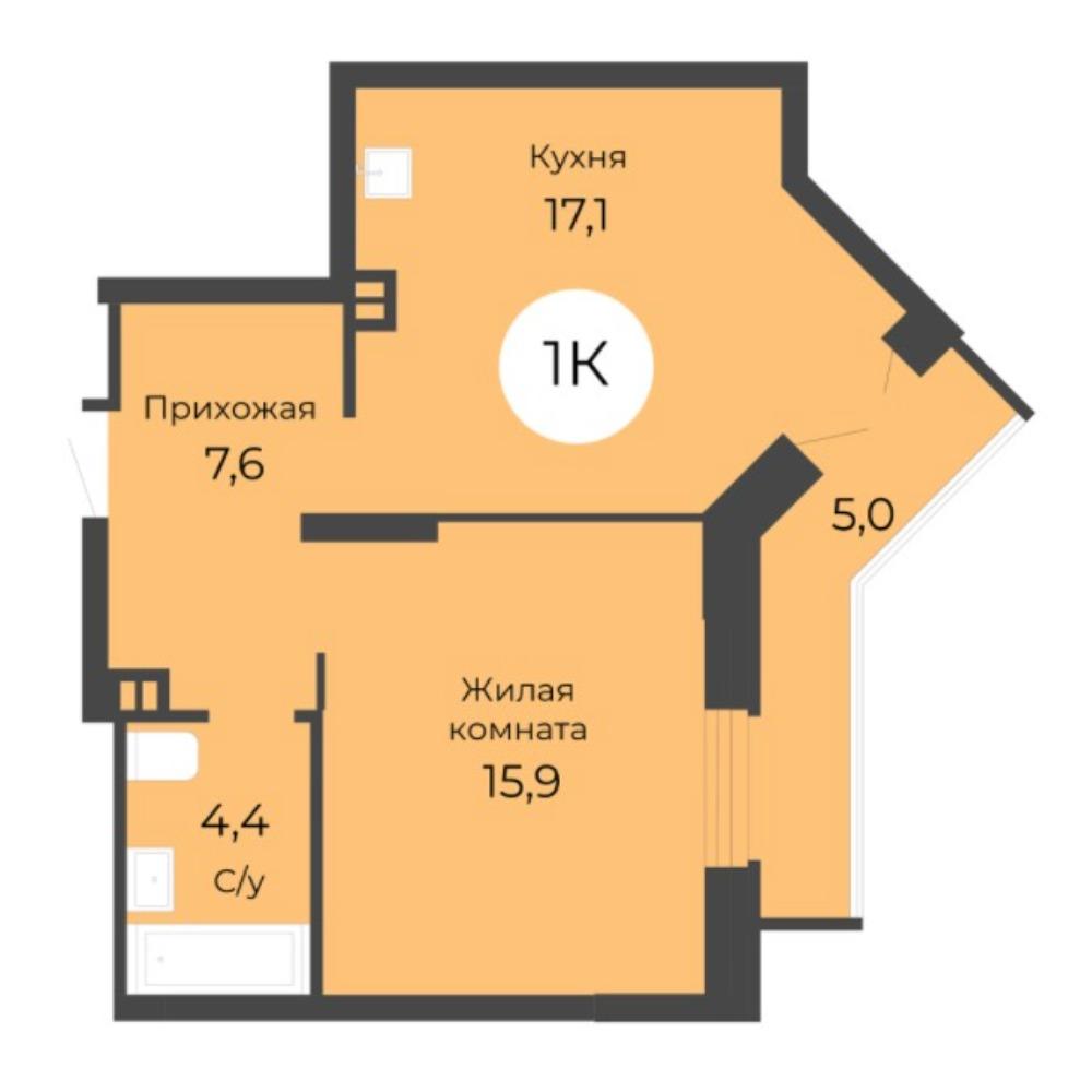 Планировка 1-комнатная площадью 47.5 м<sup>2</sup> в ЖК Топаз