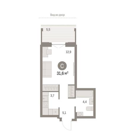 Вариант №12073, 1-комнатная квартира в жилом комплексе 