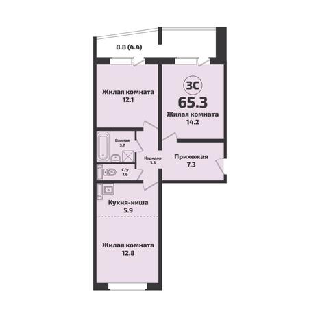 Вариант №8802, 3-комнатная квартира в жилом комплексе Приозерный
