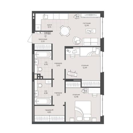 Вариант №15442, 2-комнатная квартира в жилом комплексе Новый Кедровый