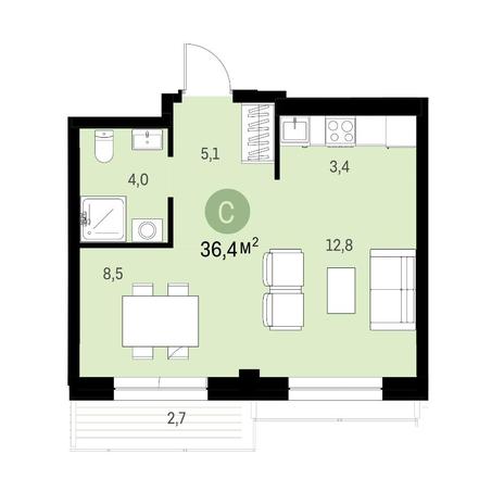 Вариант №11355, 1-комнатная квартира в жилом комплексе Беринг