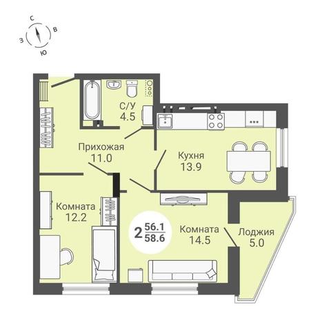 Вариант №10572, 2-комнатная квартира в жилом комплексе 