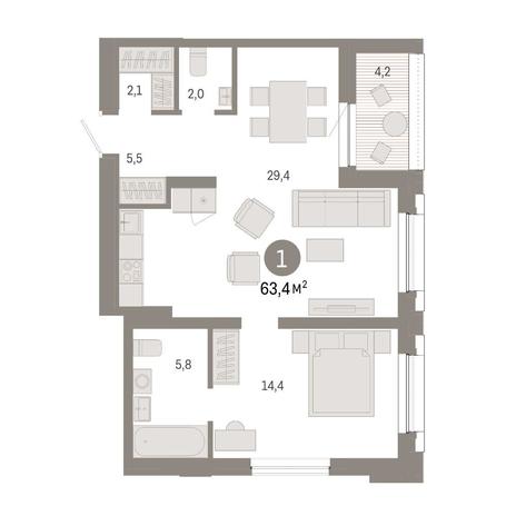 Вариант №14887, 1-комнатная квартира в жилом комплексе Авиатор