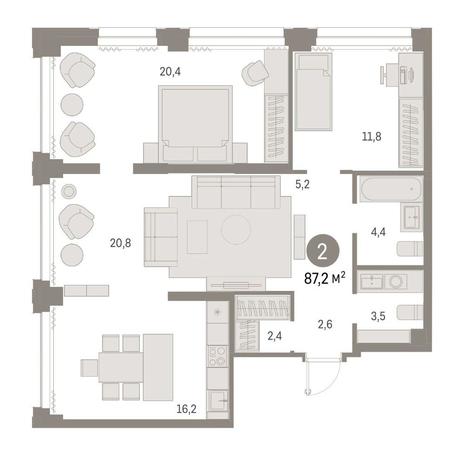 Вариант №14816, 2-комнатная квартира в жилом комплексе Новый Кедровый
