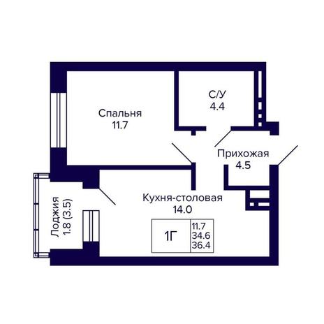 Вариант №14357, 1-комнатная квартира в жилом комплексе Квартал на Игарской