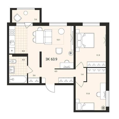 Вариант №13163, 3-комнатная квартира в жилом комплексе 