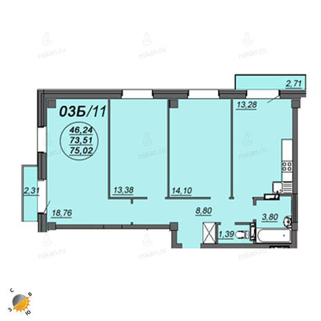 Вариант №2343, 3-комнатная квартира в жилом комплексе Аэропорт
