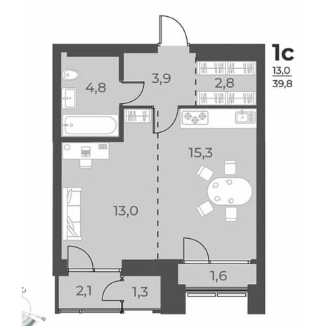 Вариант №5808, 1-комнатная квартира в жилом комплексе Нормандия-Неман