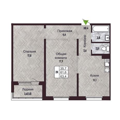 Вариант №14272, 2-комнатная квартира в жилом комплексе Новый горизонт