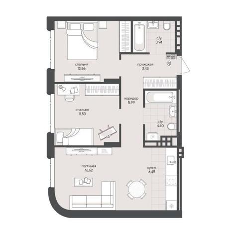 Вариант №15343, 2-комнатная квартира в жилом комплексе Новый Кедровый