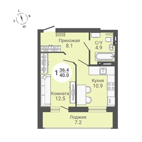 Вариант №10597, 1-комнатная квартира в жилом комплексе 