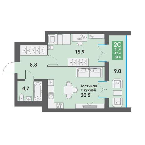 Вариант №7174, 2-комнатная квартира в жилом комплексе 