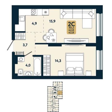 Вариант №15095, 2-комнатная квартира в жилом комплексе Promenade