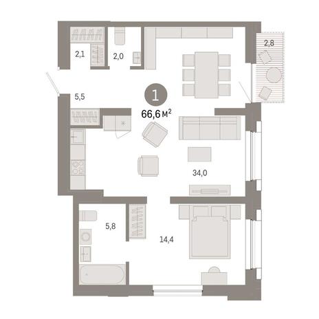 Вариант №14884, 1-комнатная квартира в жилом комплексе Академия