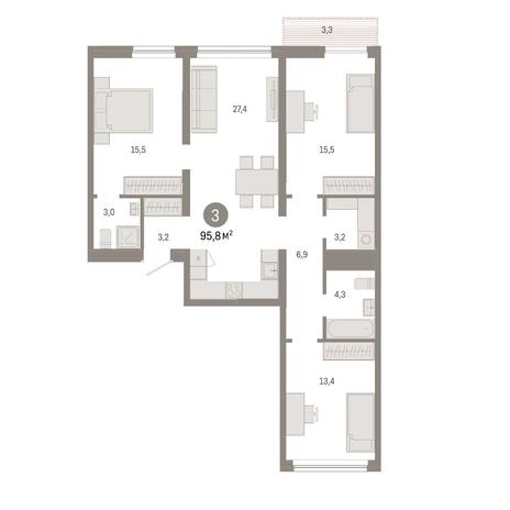 Вариант №14902, 3-комнатная квартира в жилом комплексе Авиатор