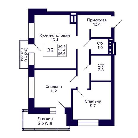 Вариант №14375, 2-комнатная квартира в жилом комплексе Сподвижники