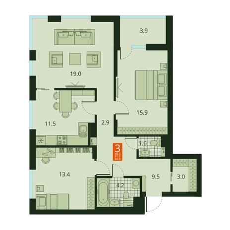 Вариант №7066, 3-комнатная квартира в жилом комплексе 