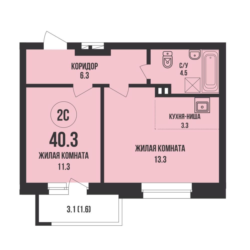 Планировка 2-комн. студия площадью 40.3 м<sup>2</sup> в ЖК Династия
