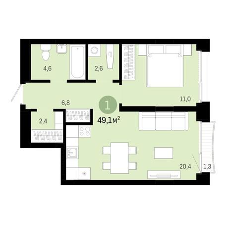 Вариант №6826, 2-комнатная квартира в жилом комплексе Спектр