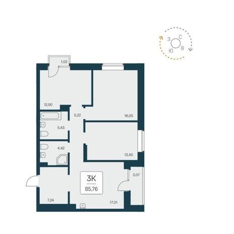 Вариант №12460, 3-комнатная квартира в жилом комплексе Расцветай на Красном