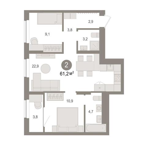 Вариант №14957, 2-комнатная квартира в жилом комплексе Галактика