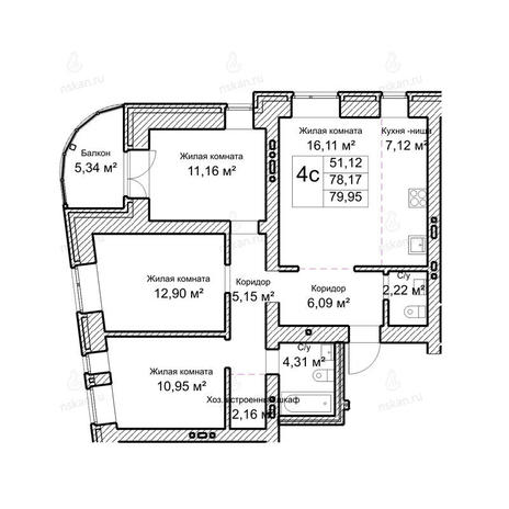 Вариант №1043, 4-комнатная квартира в жилом комплексе Потанинская 2