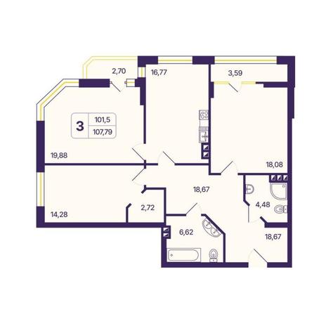 Вариант №13521, 3-комнатная квартира в жилом комплексе Авиатор