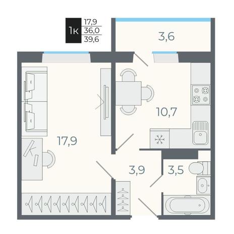 Вариант №12027, 1-комнатная квартира в жилом комплексе 