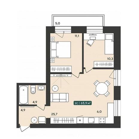 Вариант №10250, 3-комнатная квартира в жилом комплексе 