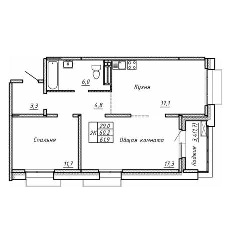 Вариант №17741, 2-комнатная квартира в жилом комплексе Околица