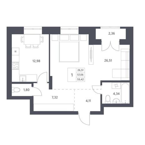 Вариант №14395, 1-комнатная квартира в жилом комплексе Авиатор