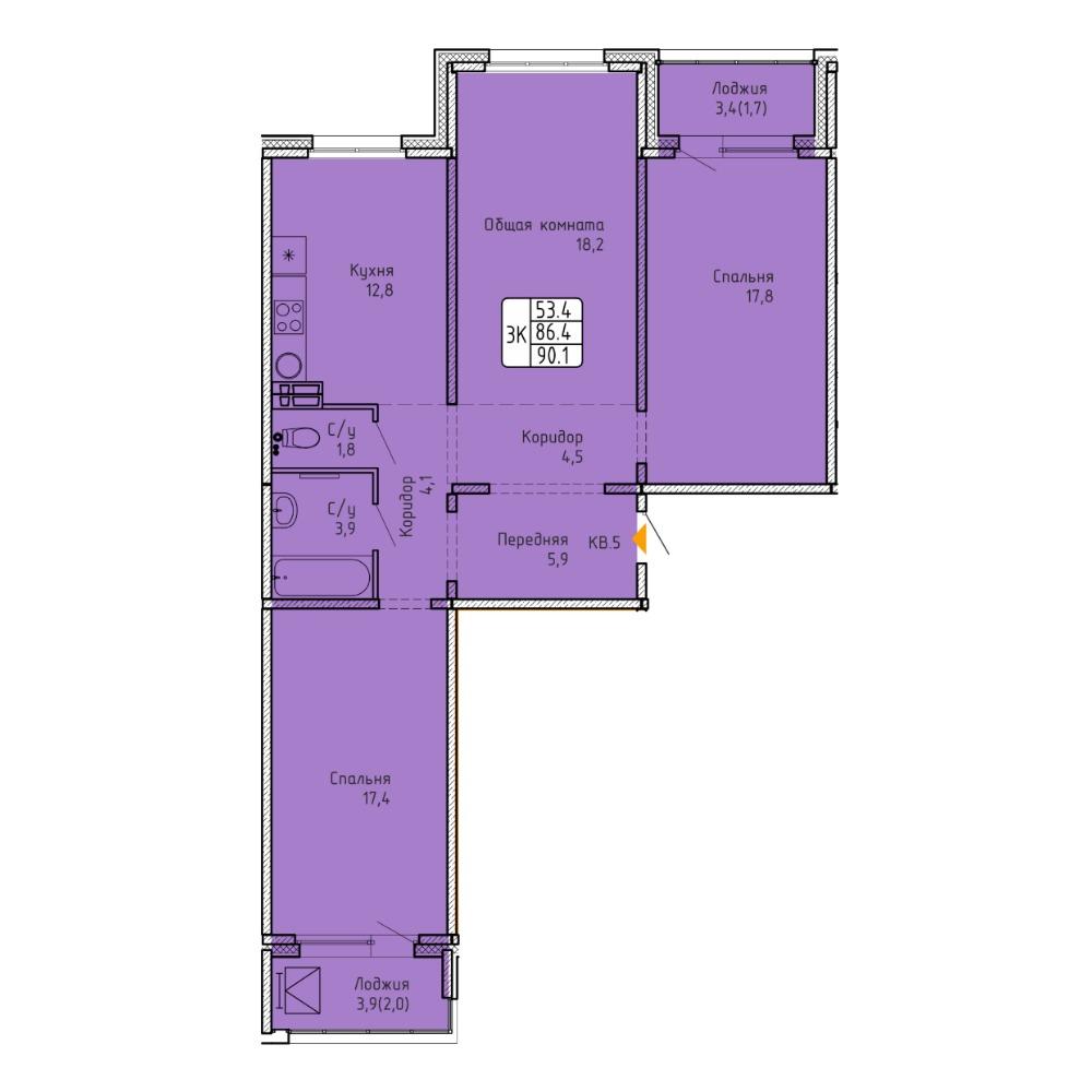 Планировка 3-комнатная площадью 90.1 м<sup>2</sup> в ЖК Акварельный 3.0