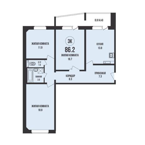 Вариант №15318, 3-комнатная квартира в жилом комплексе Семейный квартал