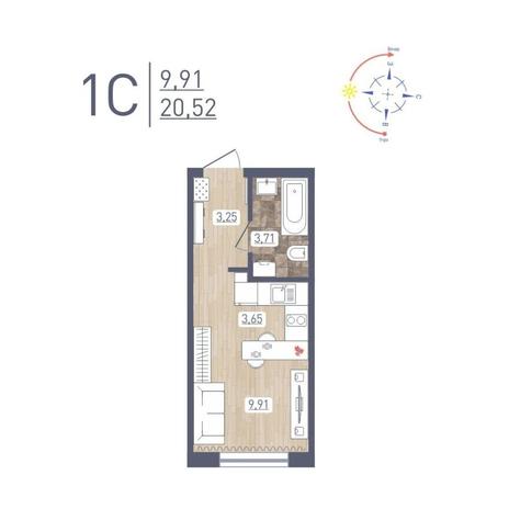 Вариант №12172, 1-комнатная квартира в жилом комплексе 