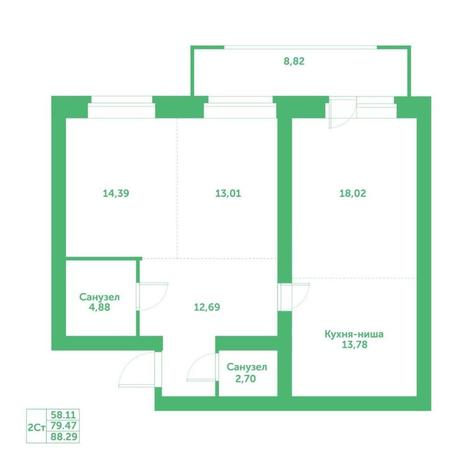 Вариант №15241, 2-комнатная квартира в жилом комплексе Русское солнце