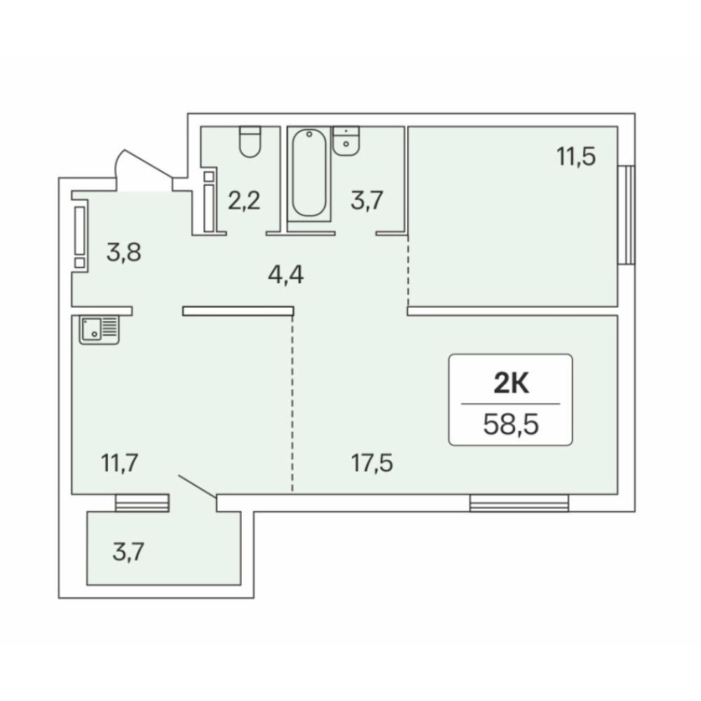 Планировка 2-комнатная площадью 58.5 м<sup>2</sup> в ЖК Акация на Игарской
