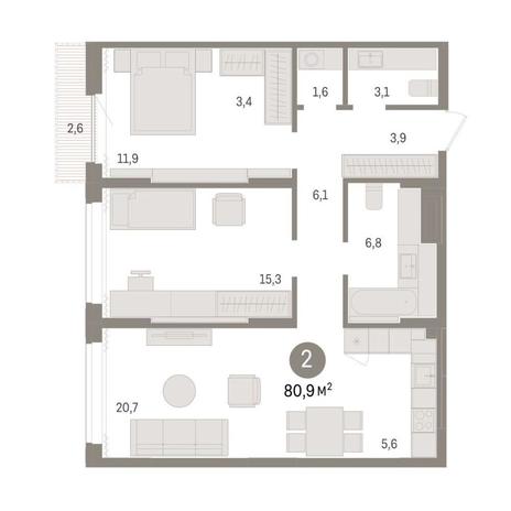 Вариант №9045, 2-комнатная квартира в жилом комплексе Заельцовский