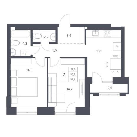 Вариант №11216, 2-комнатная квартира в жилом комплексе Державина 50