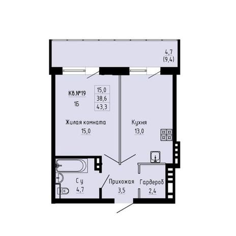 Вариант №12288, 1-комнатная квартира в жилом комплексе 