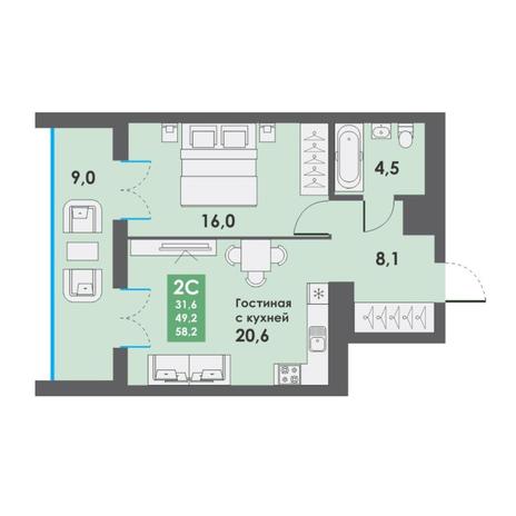 Вариант №7173, 2-комнатная квартира в жилом комплексе 