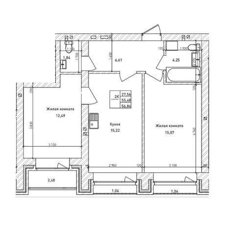 Вариант №14511, 2-комнатная квартира в жилом комплексе Облака
